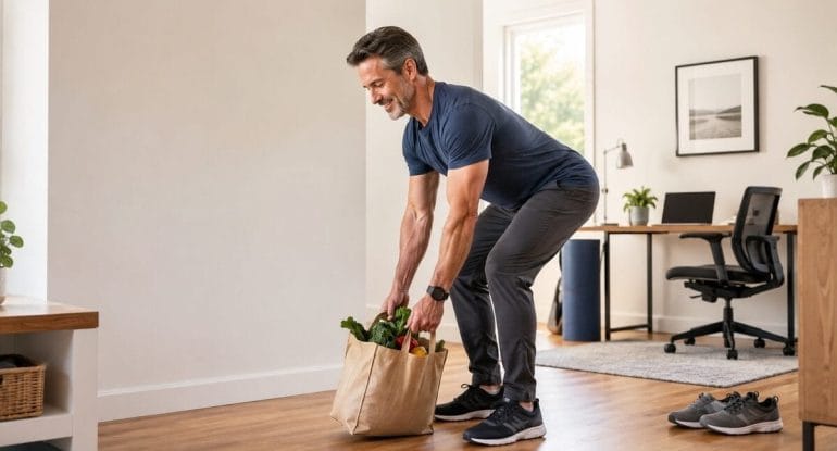 Man bending with a straight back to lift a grocery bag at home