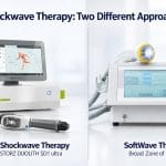 Comparison of two shockwave therapy approaches: a focused shockwave system, shown as an example with a STORZ DUOLITH SD1 ultra, beside a SoftWave therapy system labelled broad zone of impact
