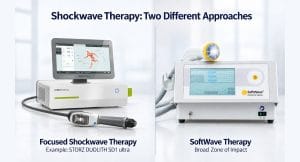 Comparison of two shockwave therapy approaches: a focused shockwave system, shown as an example with a STORZ DUOLITH SD1 ultra, beside a SoftWave therapy system labelled broad zone of impact