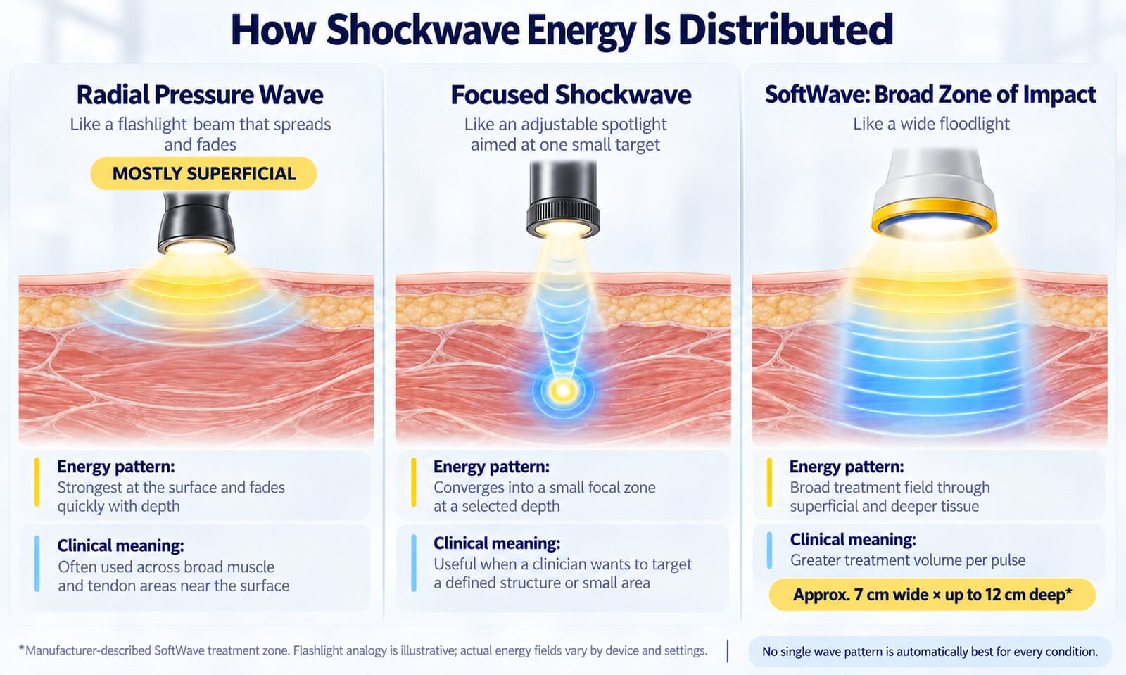 Three-panel comparison of how radial pressure wave, focused shockwave and SoftWave broad zone of impact distribute energy through skin, fat and muscle
